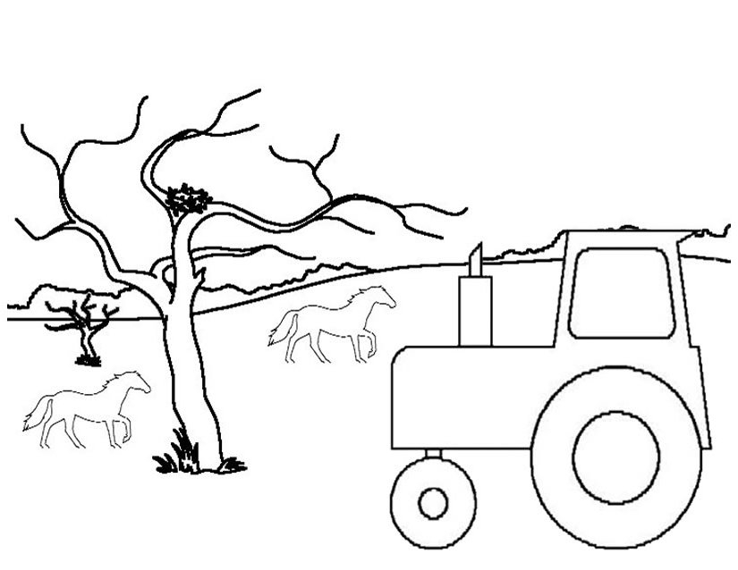 Coloriage d'un tracteur sur un terrain de campagne
