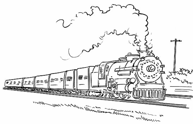 Coloriage d'un train locomotive sur ses rails dans un paysage simple