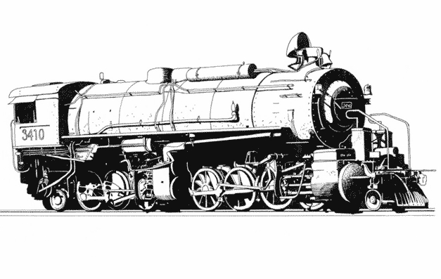 Coloriage d'un train locomotive en pleine marche sur des rails