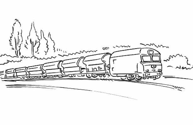 Coloriage d'un train locomotive sur des rails en pleine nature