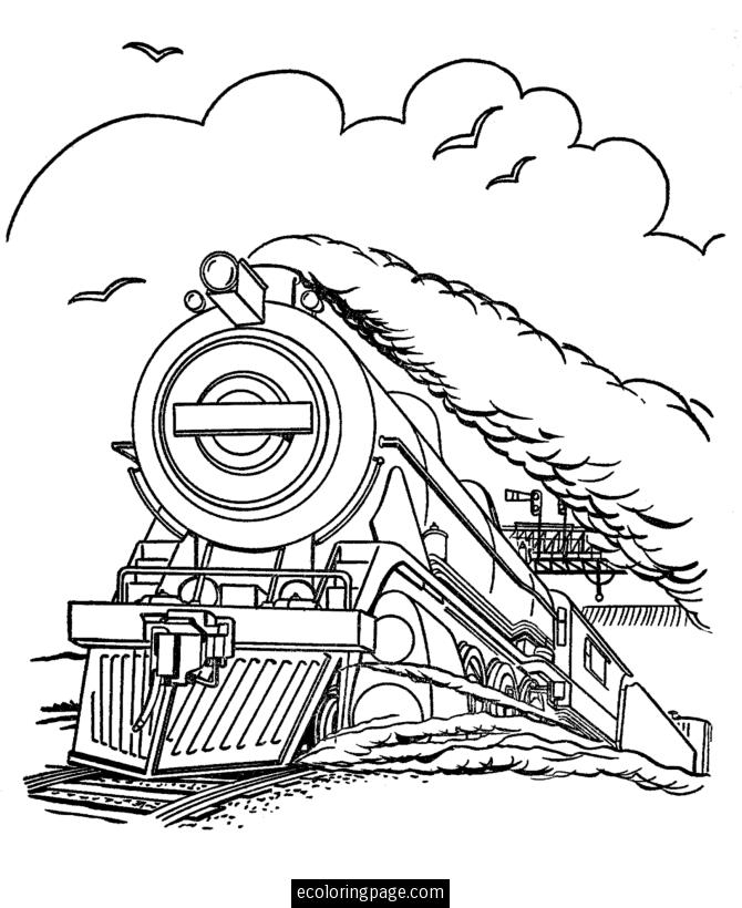 Coloriage d'une locomotive à vapeur en pleine action sur des rails