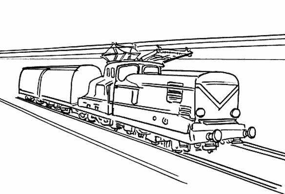 Coloriage d'un train locomotive sur des rails avec un paysage simple