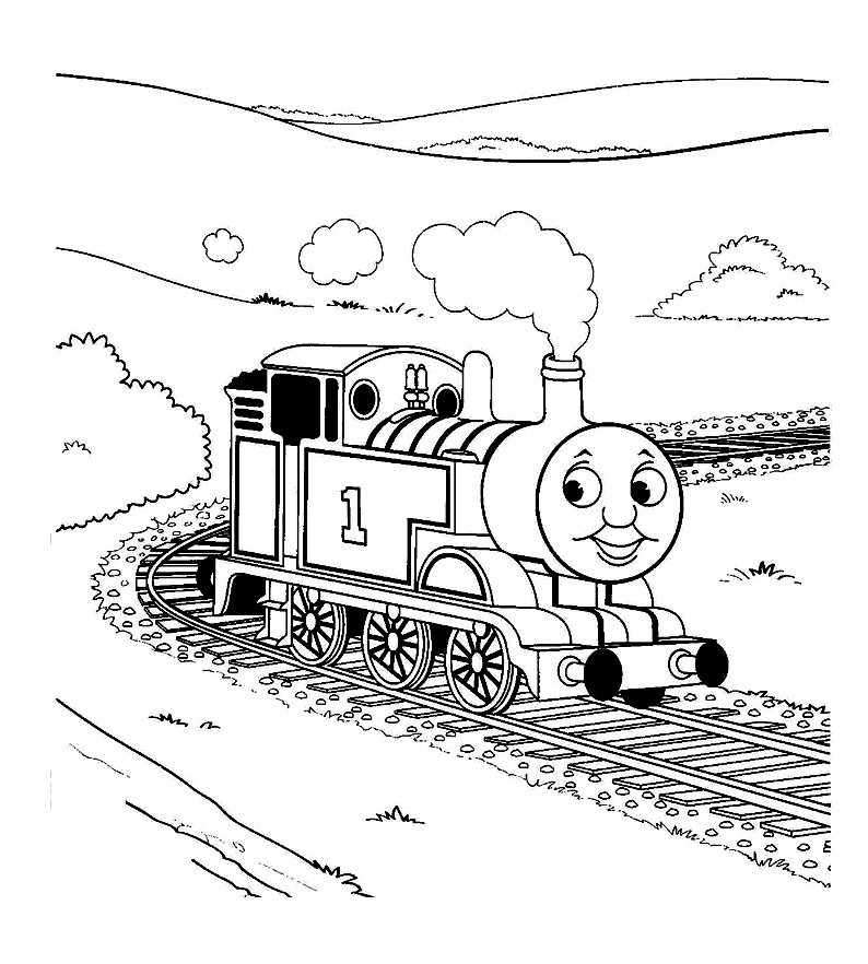 Coloriage d'un train locomotive sur des rails en pleine nature