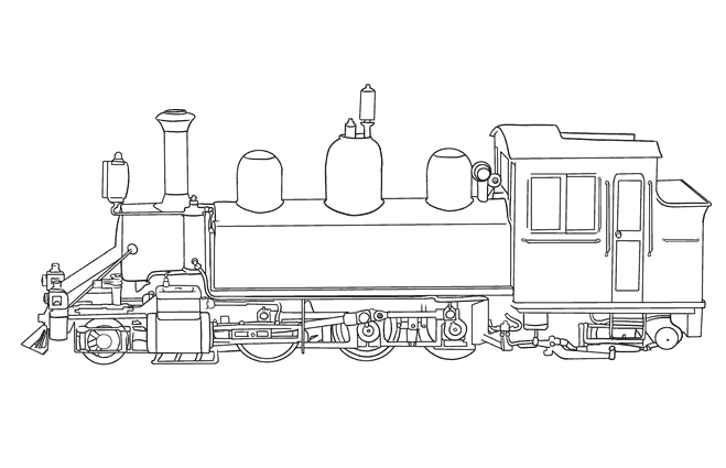 Coloriage d'un train locomotive sur des rails entourés de verdure