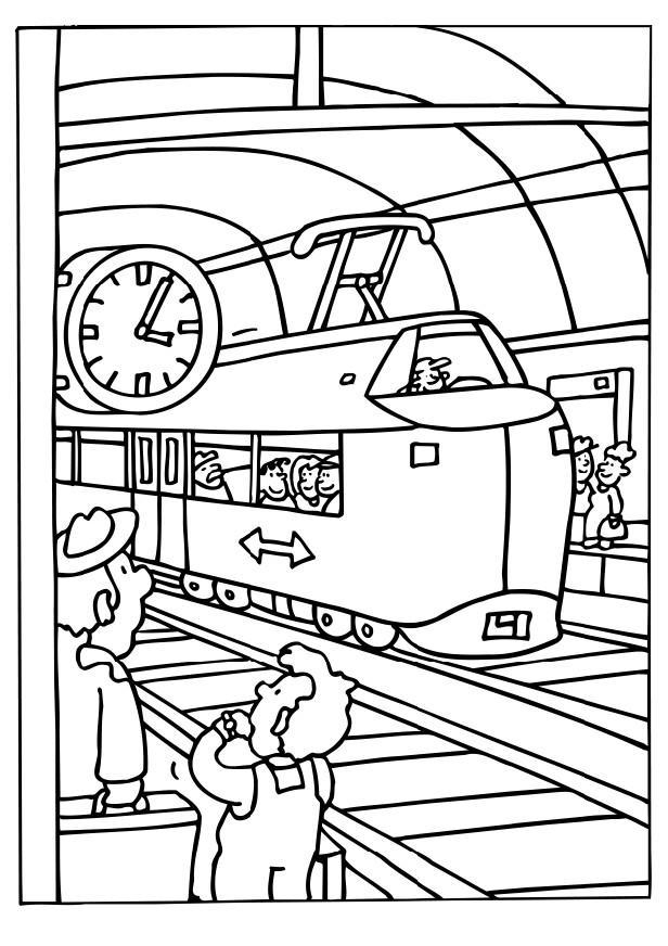 Coloriage d’un train locomotive en pleine marche sur des rails