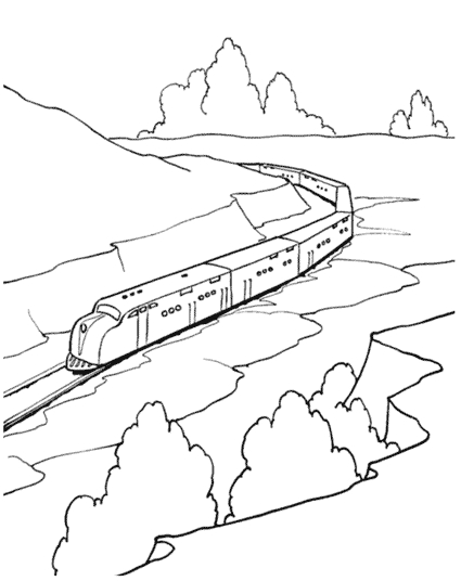 Coloriage d'un train locomotive sur des rails en pleine nature