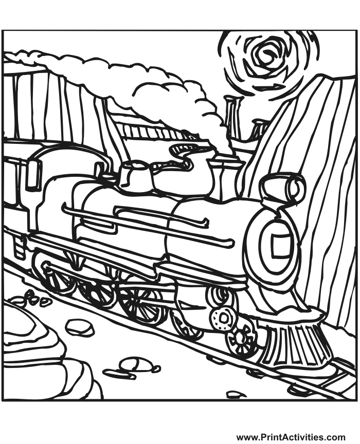 Coloriage d'une locomotive à vapeur en pleine action sur les rails
