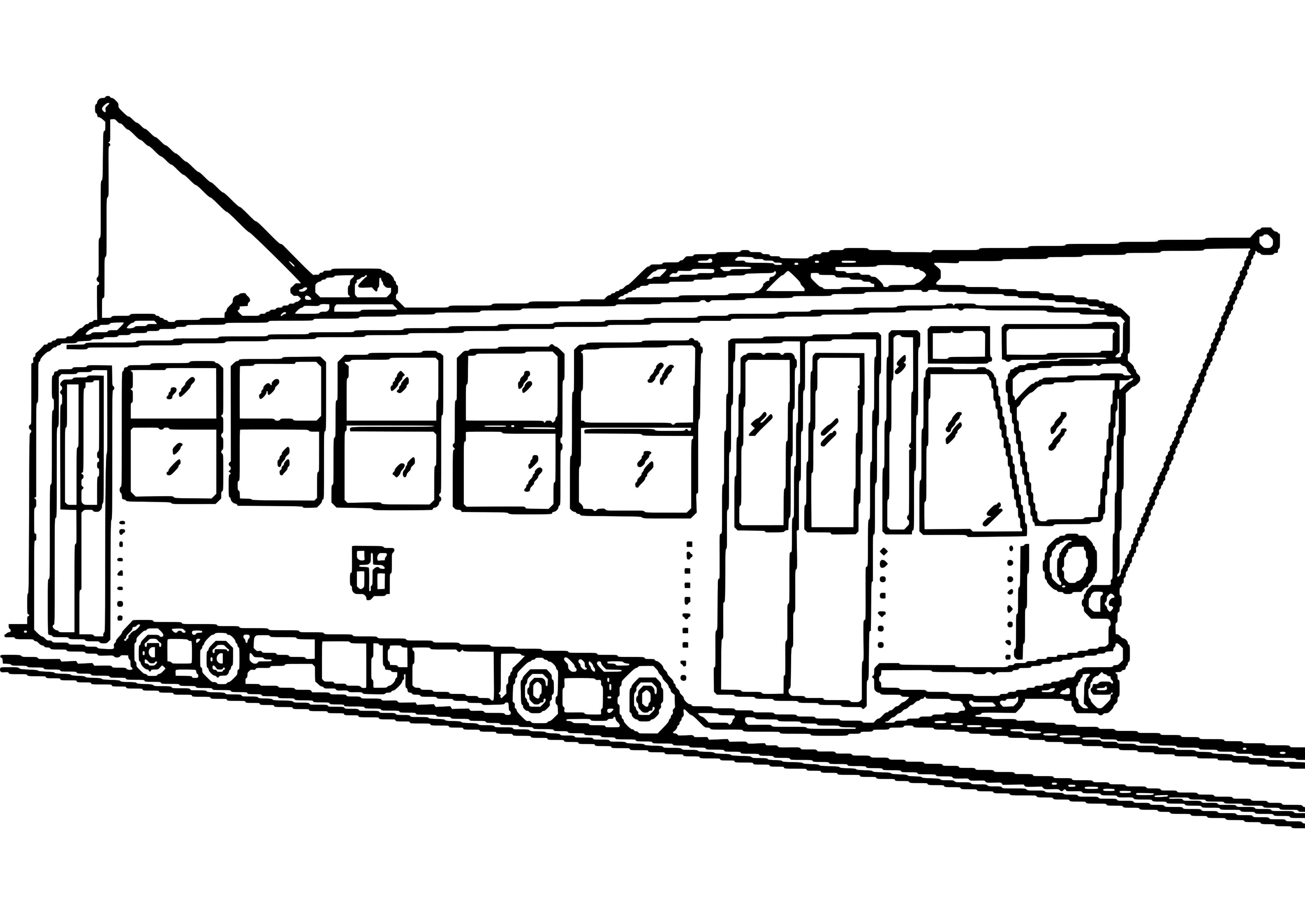 Coloriage d'un tramway en pleine circulation dans un décor urbain