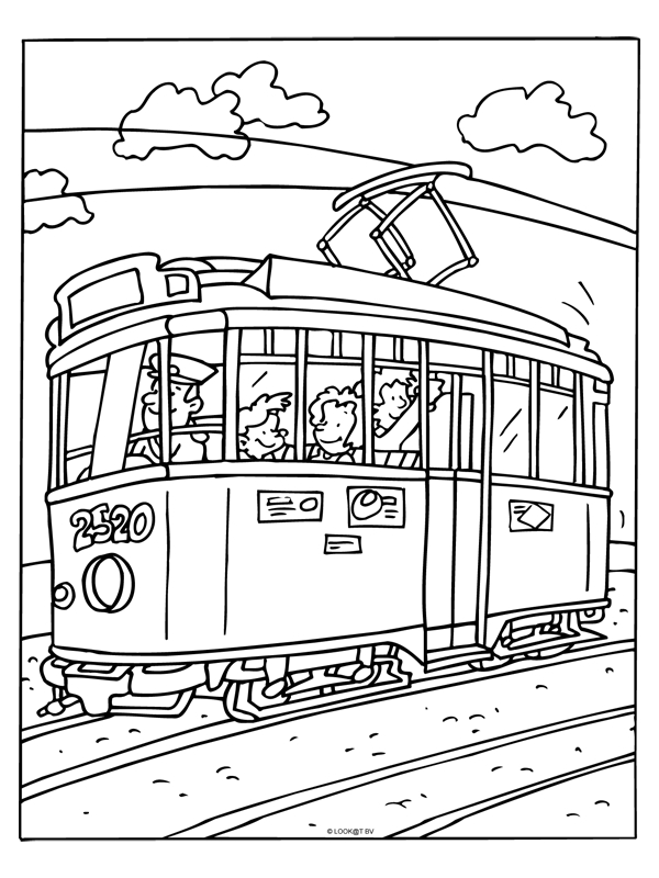 Coloriage d'un tramway traversant une ville animée
