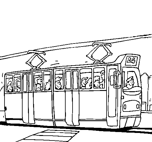 Coloriage d'un tramway circulant dans une ville animée