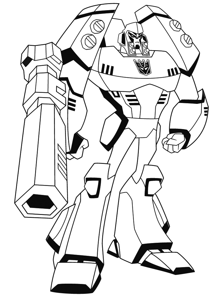 Coloriage de Transformers : Optimus Prime en pleine action sur un fond urbain