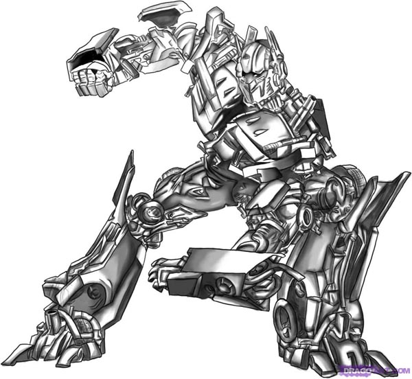 Coloriage de Transformers en pleine bataille dans un décor futuriste
