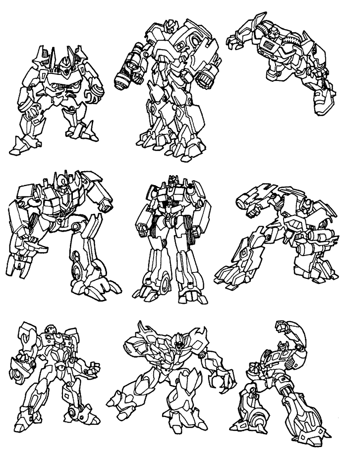Coloriage de Transformers : Autobots en pleine action sur fond urbain