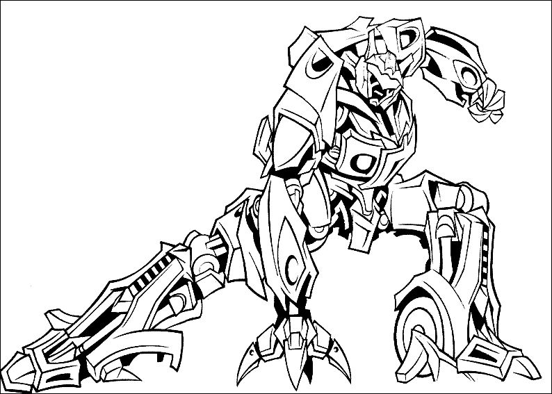 Coloriage d'un robot Transformers en pleine action dans un décor futuriste