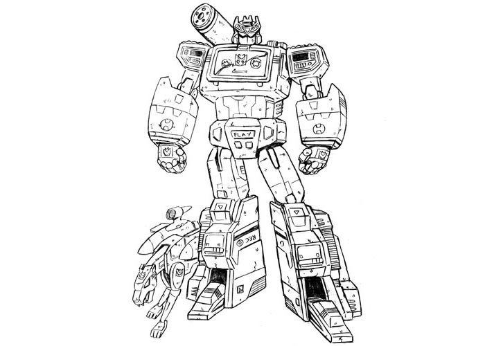 Coloriage de Transformers avec Optimus Prime et un décor futuriste