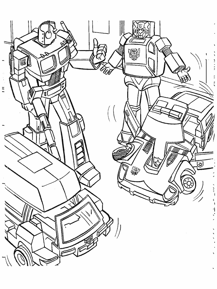 Coloriage de Transformers avec Optimus Prime en action sur un fond urbain