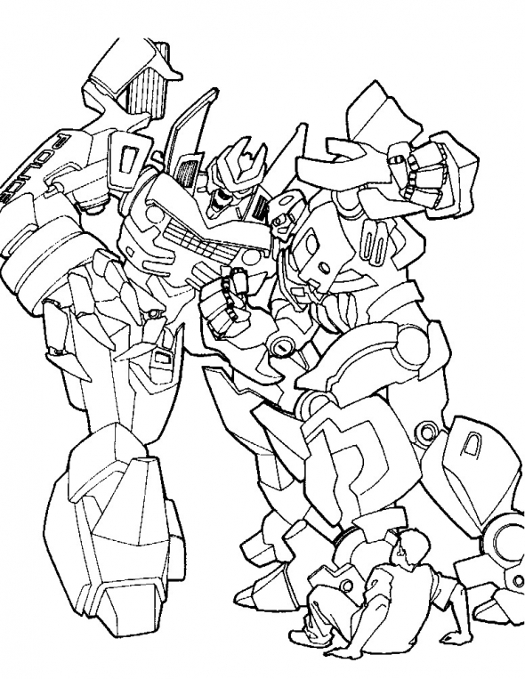 Coloriage de Transformers avec Optimus Prime et un décor futuriste