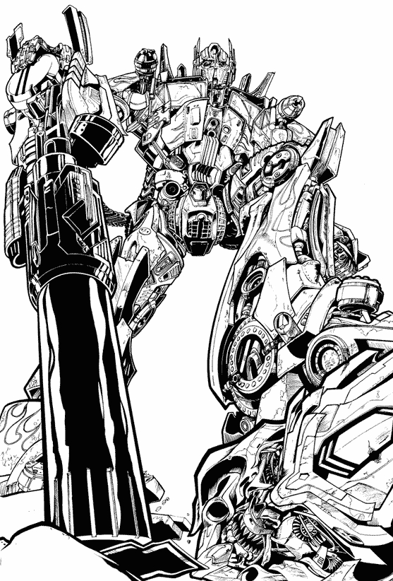 Coloriage des Transformers en pleine action avec une scène de combat