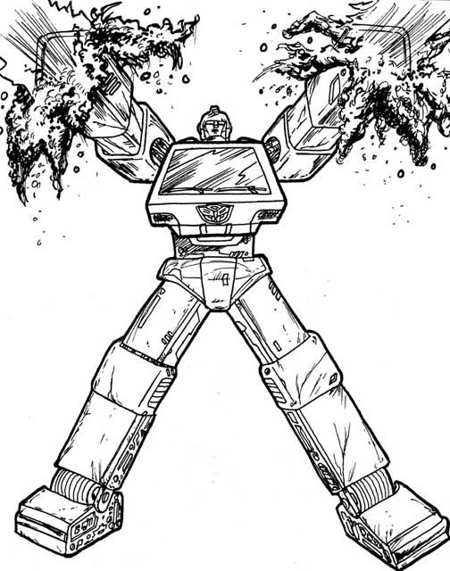 Coloriage de Transformers en pleine action avec un décor futuriste