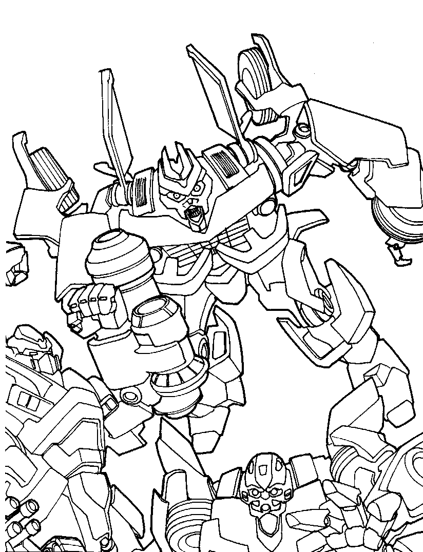 Coloriage de Transformers : Optimus Prime en pleine action dans un décor urbain