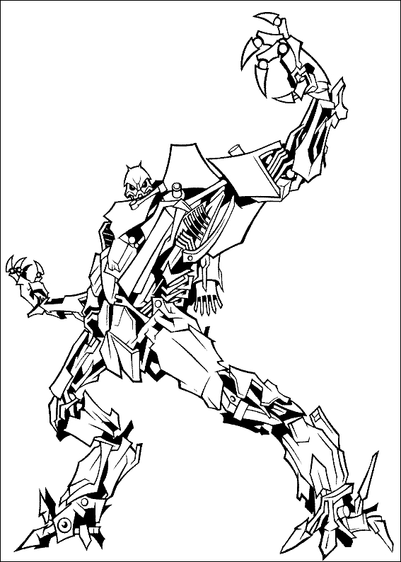 Coloriage de Transformers avec un robot en pleine action dans un décor futuriste
