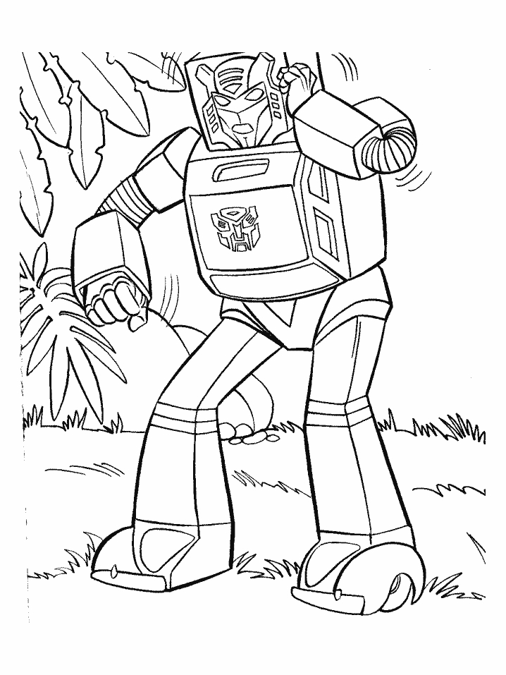 Coloriage de Transformers : Optimus Prime en action dans un décor futuriste