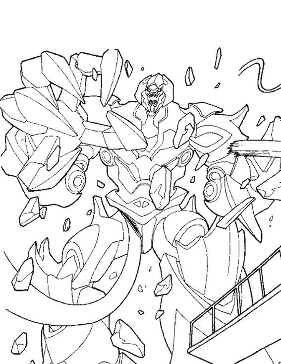 Coloriage de Transformers avec Optimus Prime au combat dans un décor futuriste