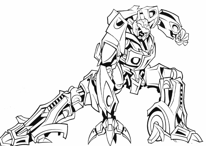 Coloriage d'un robot Transformers en pleine action dans un décor futuriste