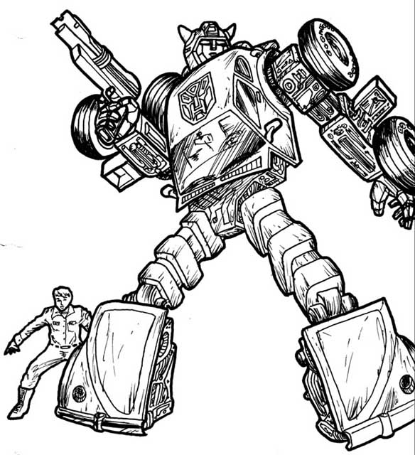 Coloriage de Transformers avec Optimus Prime en action dans un décor futuriste