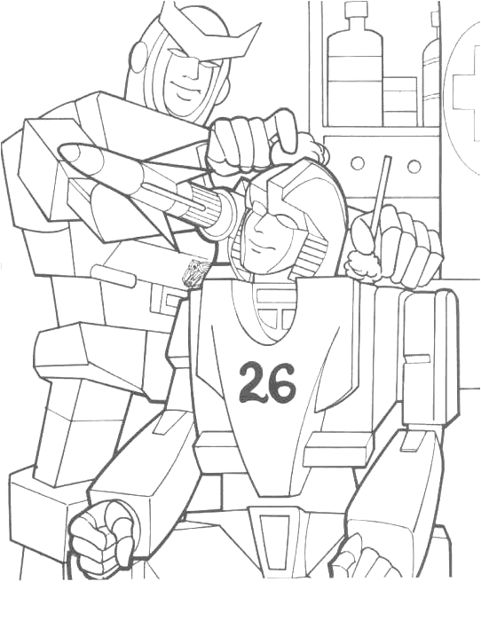 Coloriage de Transformers avec un robot en pleine action sur fond urbain
