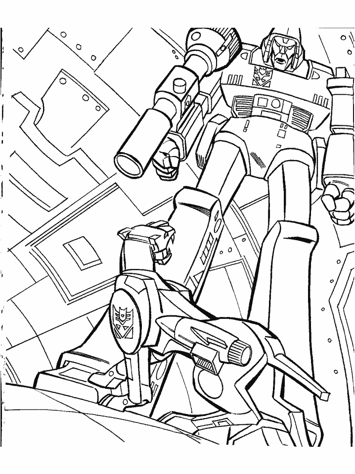 Coloriage de Transformers en pleine action avec un décor futuriste