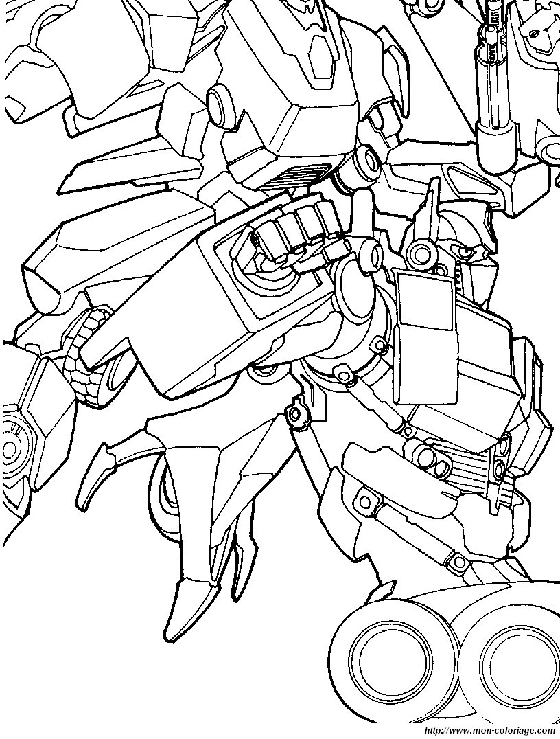 Coloriage de Transformers en pleine action au milieu d'une bataille