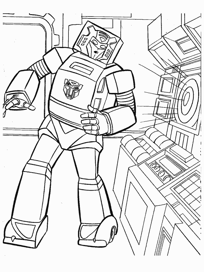 Coloriage de Transformers avec Optimus Prime et un décor futuriste