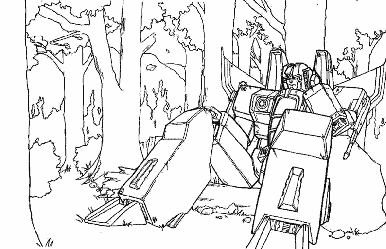 Coloriage de Transformers : Optimus Prime en action dans un décor futuriste