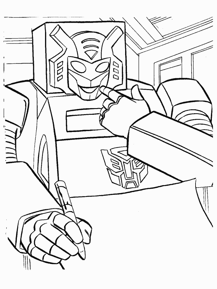 Coloriage de Transformers : Optimus Prime en pleine action dans une scène futuriste
