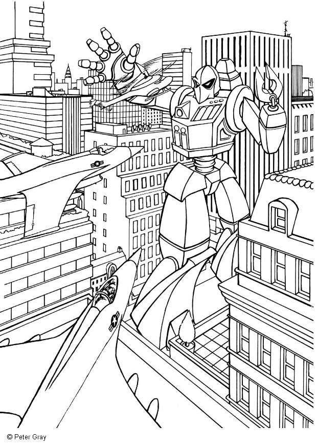 Coloriage d'un robot transformer en pleine action sur un fond futuriste