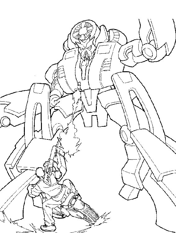 Coloriage d'un robot de Transformers en pleine action sur un fond futuriste