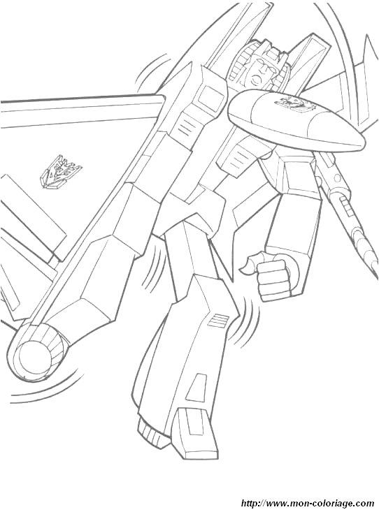 Coloriage d’un robot Transformers en pleine action sur un fond urbain