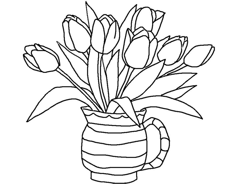 Coloriage d'une tulipe dans un jardin fleuri
