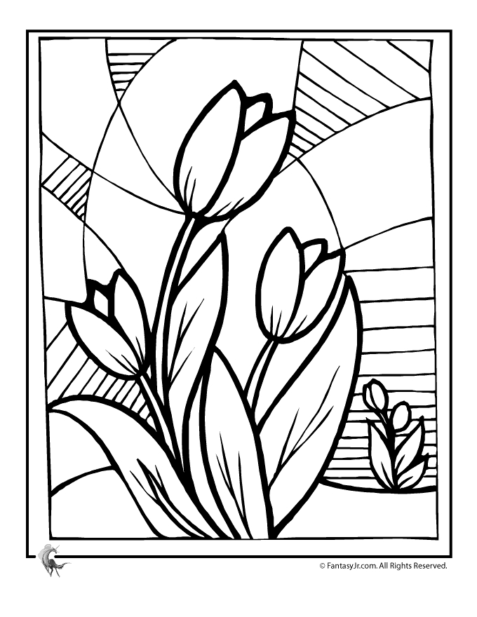 Coloriage d'une tulipe épanouie entourée de feuilles délicates