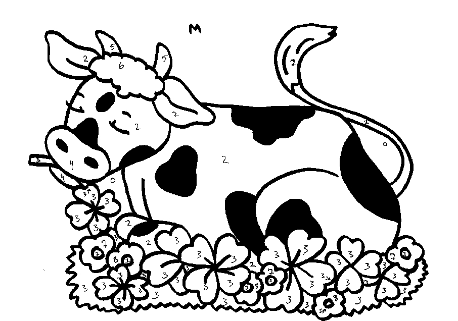 Un coloriage de vache paisible dans un champ verdoyant