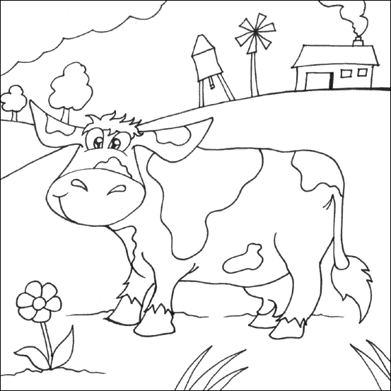 Coloriage d'une vache paisible dans un champ verdoyant