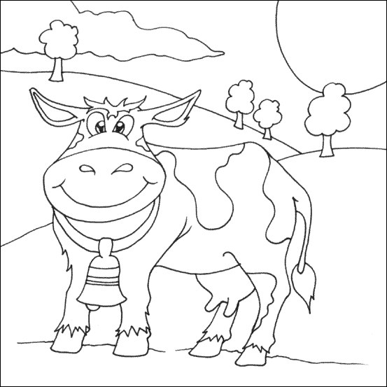Coloriage d'une vache paisible dans un paysage pastoral