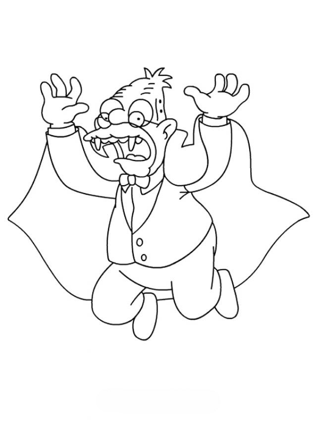 Coloriage d'un vampire souriant dans un décor mystérieux