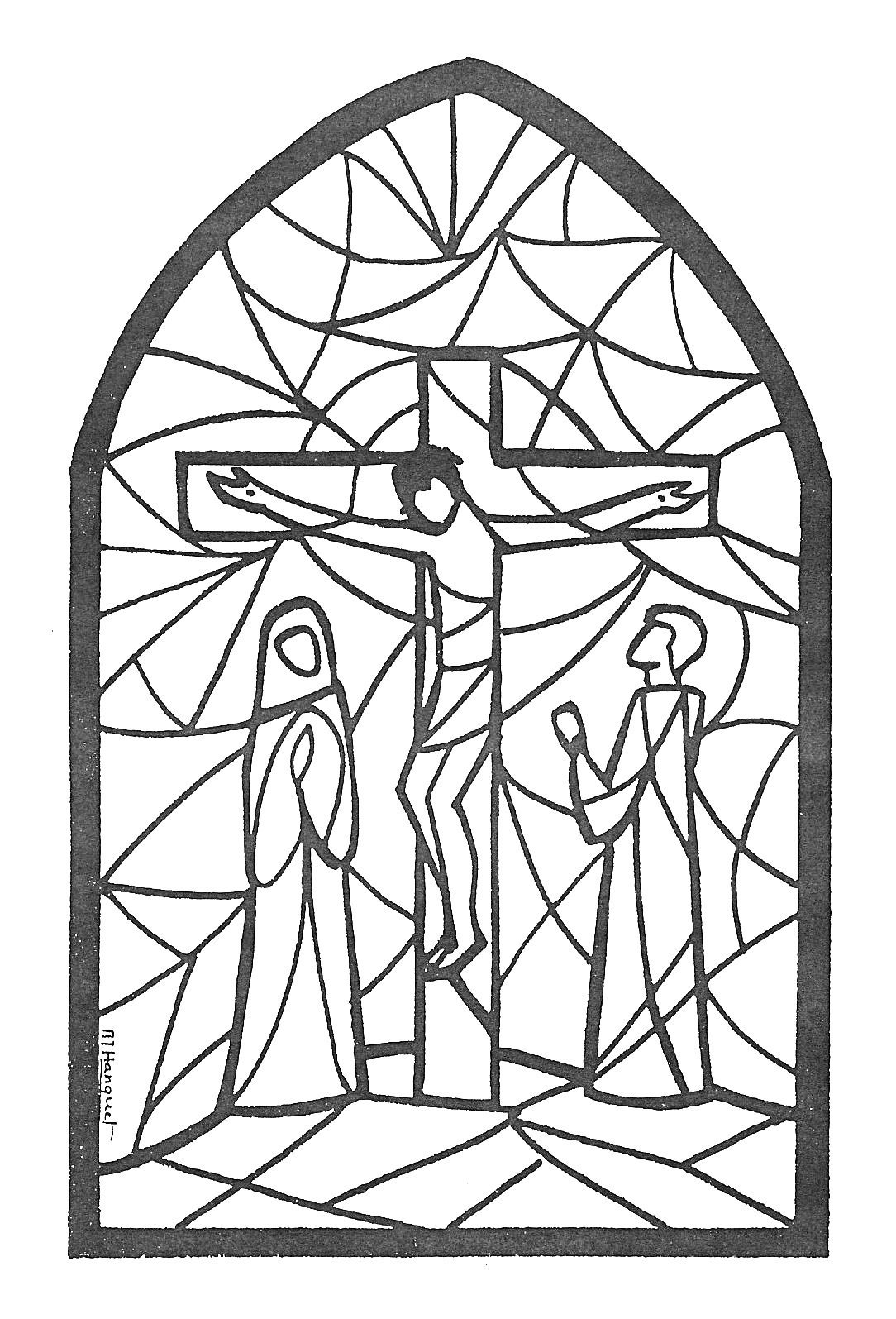Scène de la crucifixion avec des personnages et un paysage