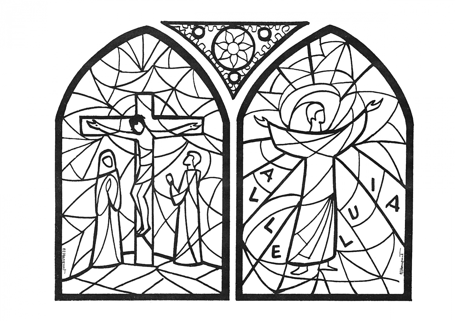 Coloriage représentant la scène du Vendredi Saint avec des symboles religieux