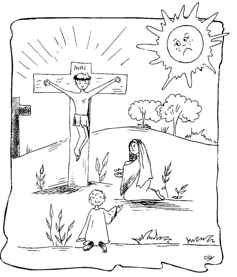 Coloriage représentant une scène de Vendredi Saint avec des symboles religieux