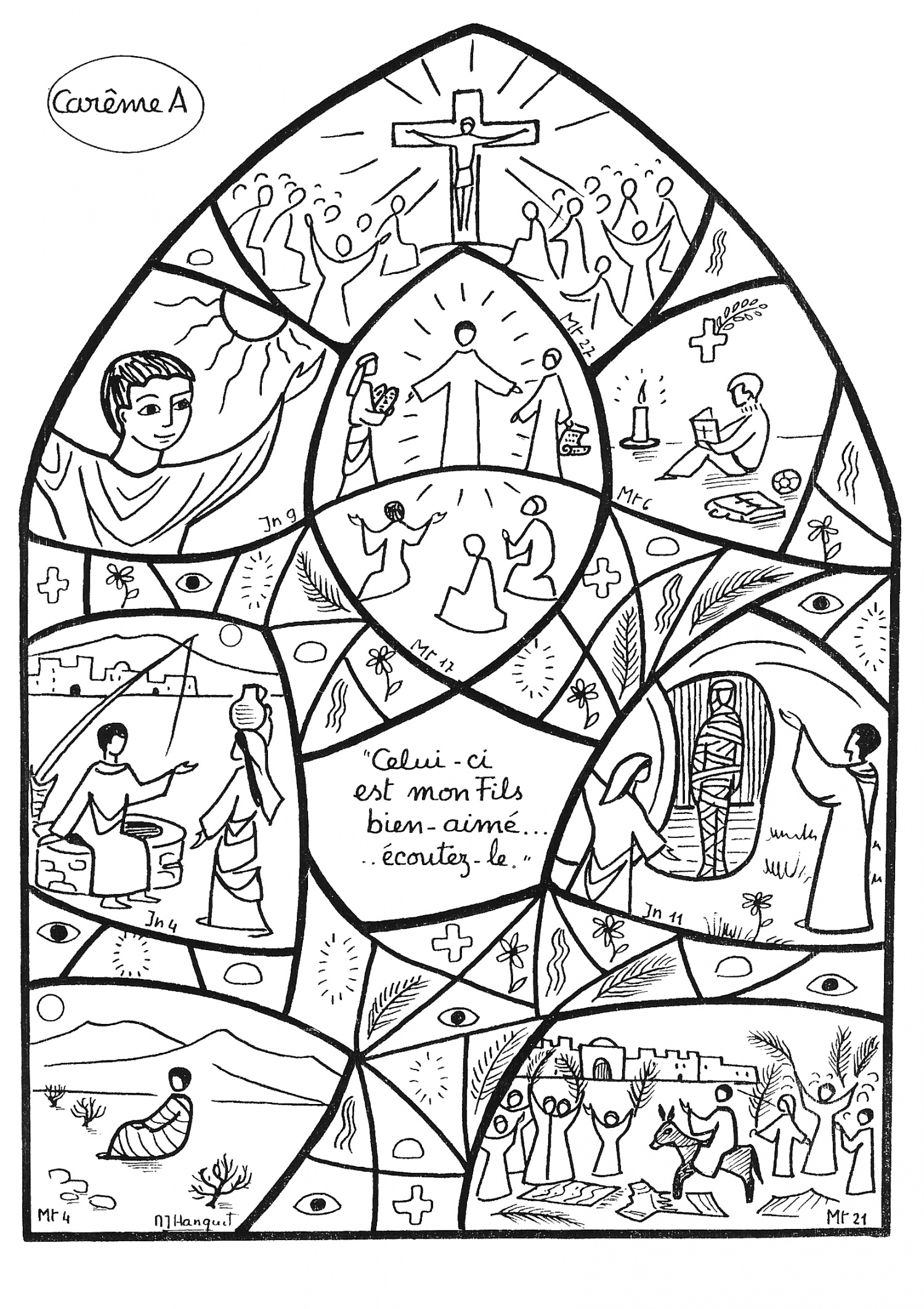 Coloriage représentant la scène du Vendredi Saint avec la croix et des personnages
