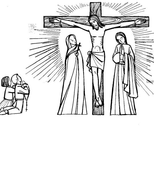 Coloriage représentant une scène de Vendredi Saint avec des éléments symboliques