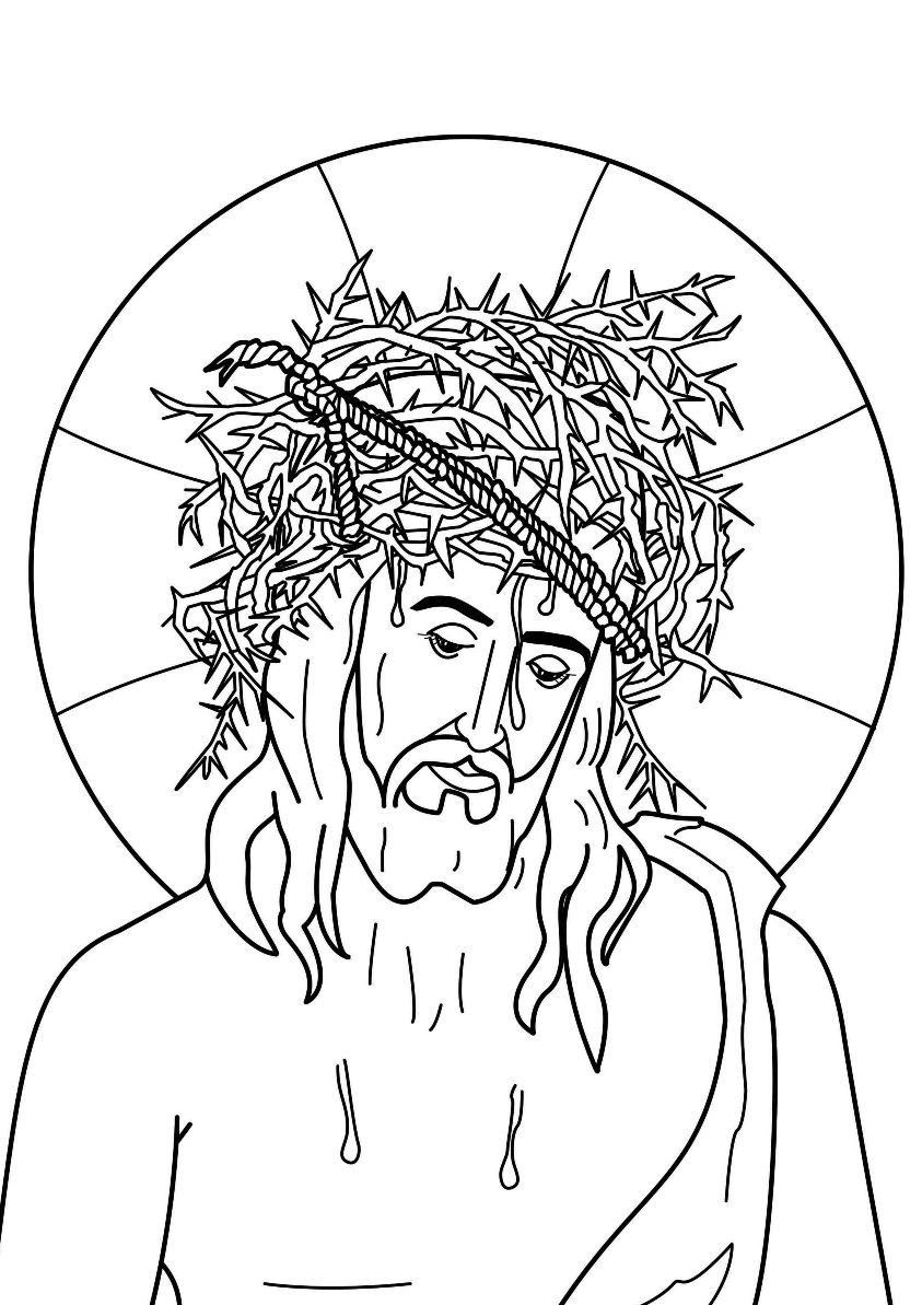 Coloriage représentant la crucifixion avec des personnages et un paysage naturel